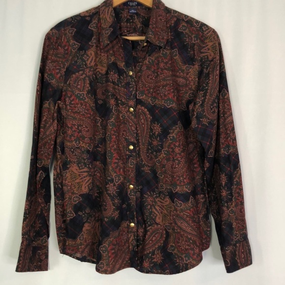 CHAPS womens button front blouse multi-color paisley print gold buttons size XL - Picture 1 of 11